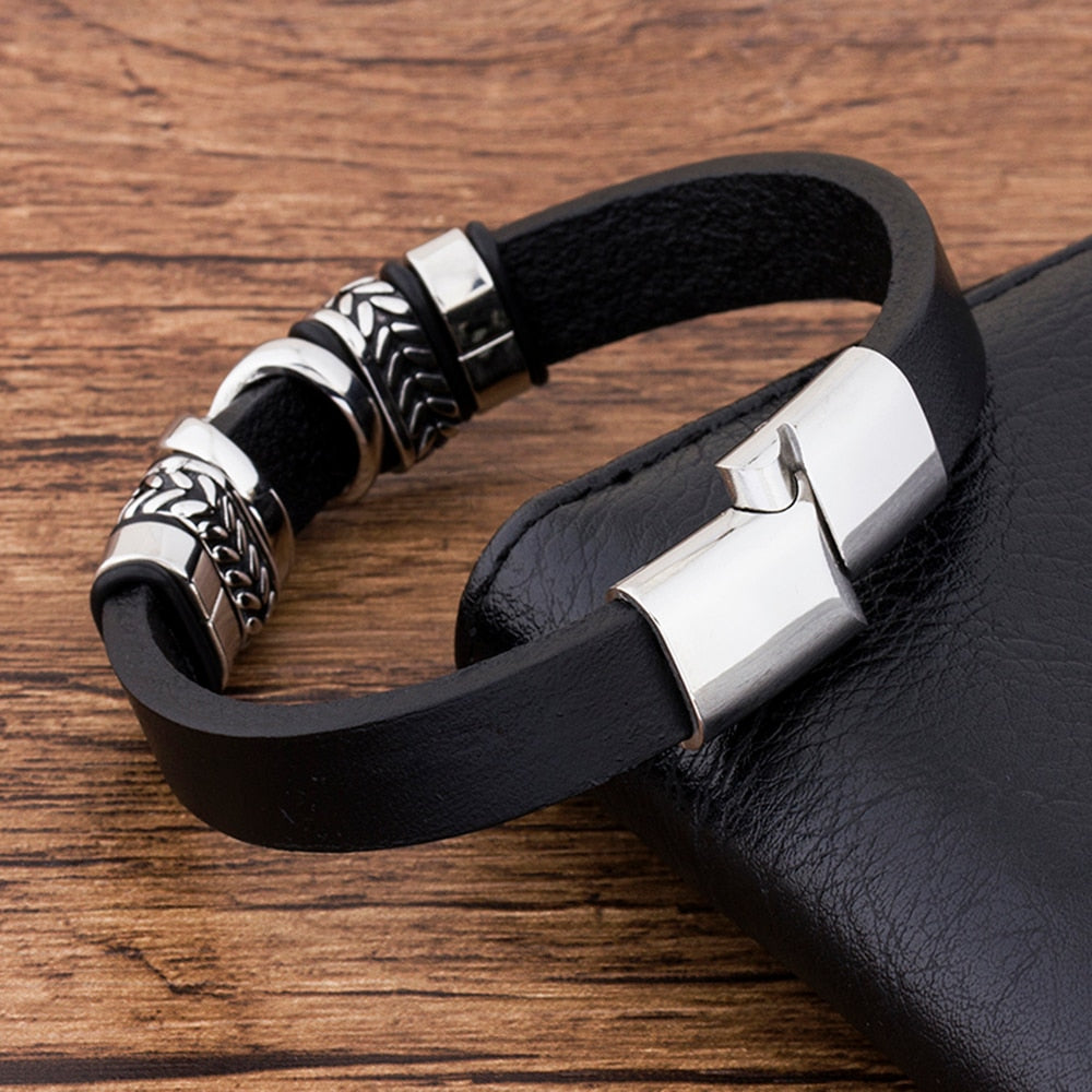 Stainless Steel Fashion Charm Black Leather Bracelet