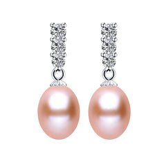 Natural Freshwater Pearl Drop Earrings with Shiny Zircon stones and 925 Sterling Silver