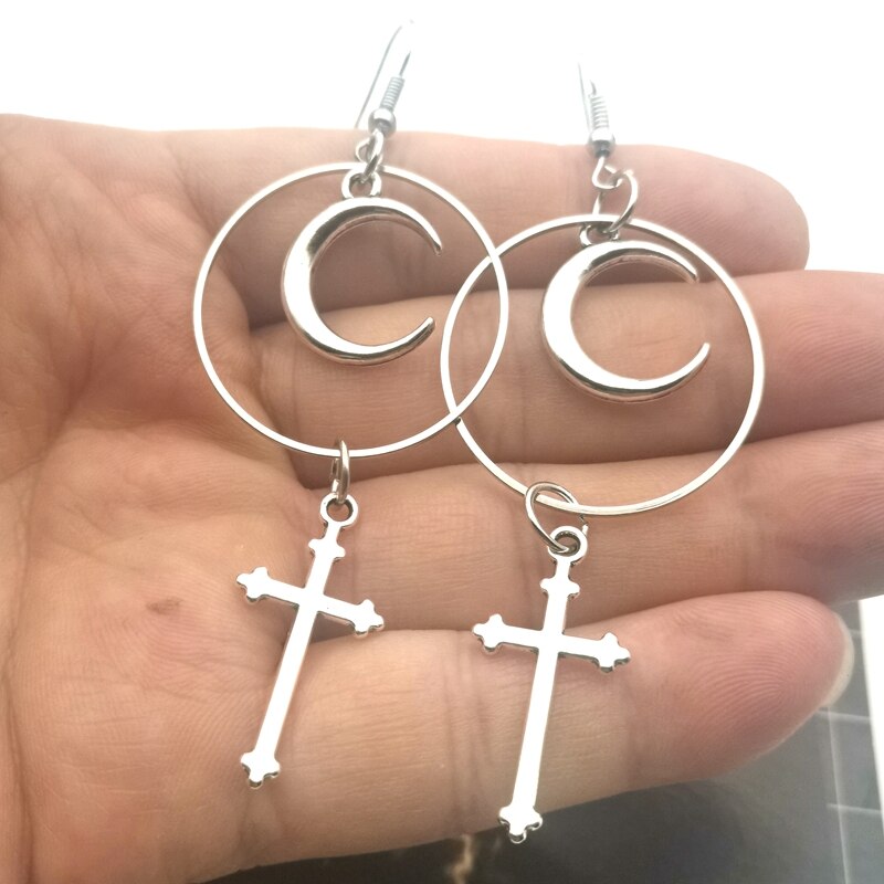 Gothic Large Hoop Moon Cross Earrings