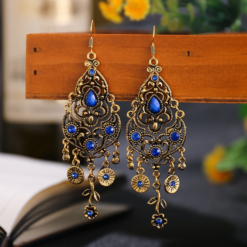 Ethnic Rhinestones Vintage Long Earrings