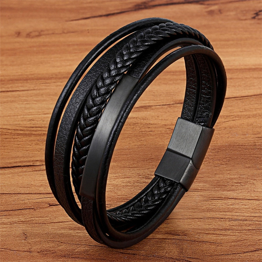 Multi-layer Hand-woven Leather & Stainless Steel Bracelet