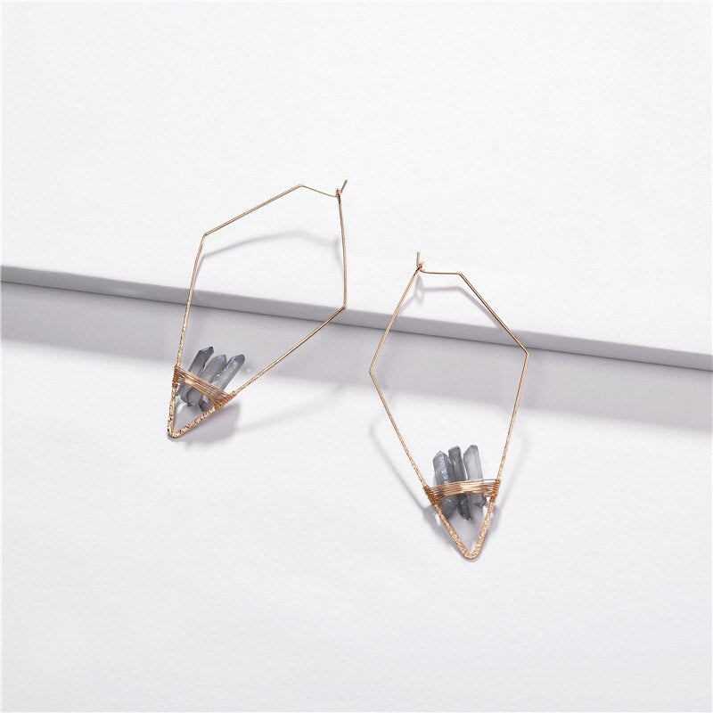 Fashion Copper Wire Rhombic Hoop Earring with Natural Quartz Stone