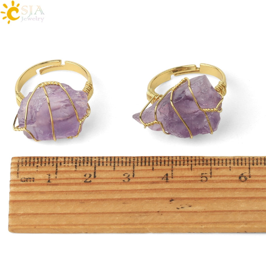 Natural Crystal Stone Irregular Wire Wrap Healing Amethysts Ring