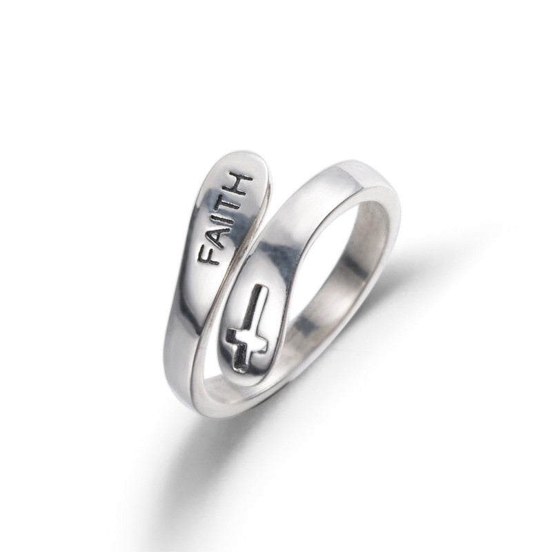 925 Sterling Silver Cross Faith Letters Adjustable Ring