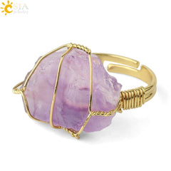 Natural Crystal Stone Irregular Wire Wrap Healing Amethysts Ring