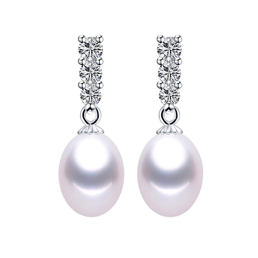 Natural Freshwater Pearl Drop Earrings with Shiny Zircon stones and 925 Sterling Silver