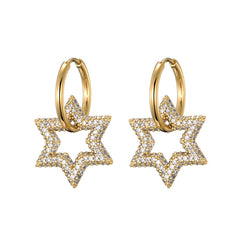 Trendy Star Charm Round Steel & Cubic Zircon Bling Hoop Earrings