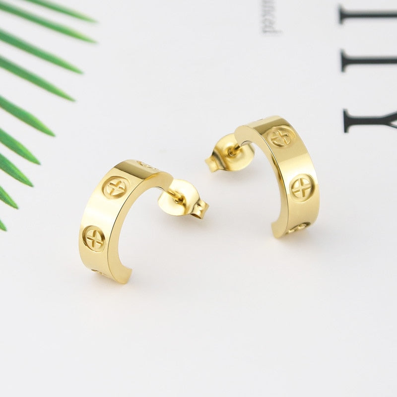 Luxury C Shape Cross Screw Stud Earring Titanium Steel