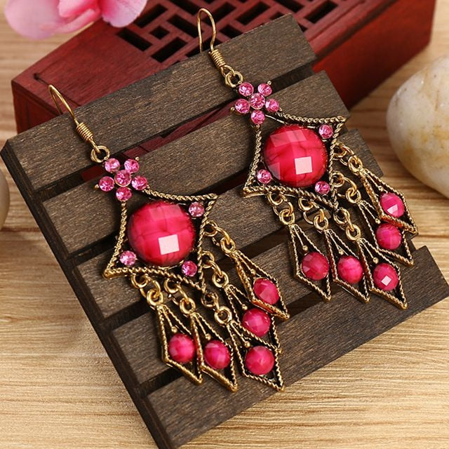 Ethnic Rhinestones Vintage Long Earrings