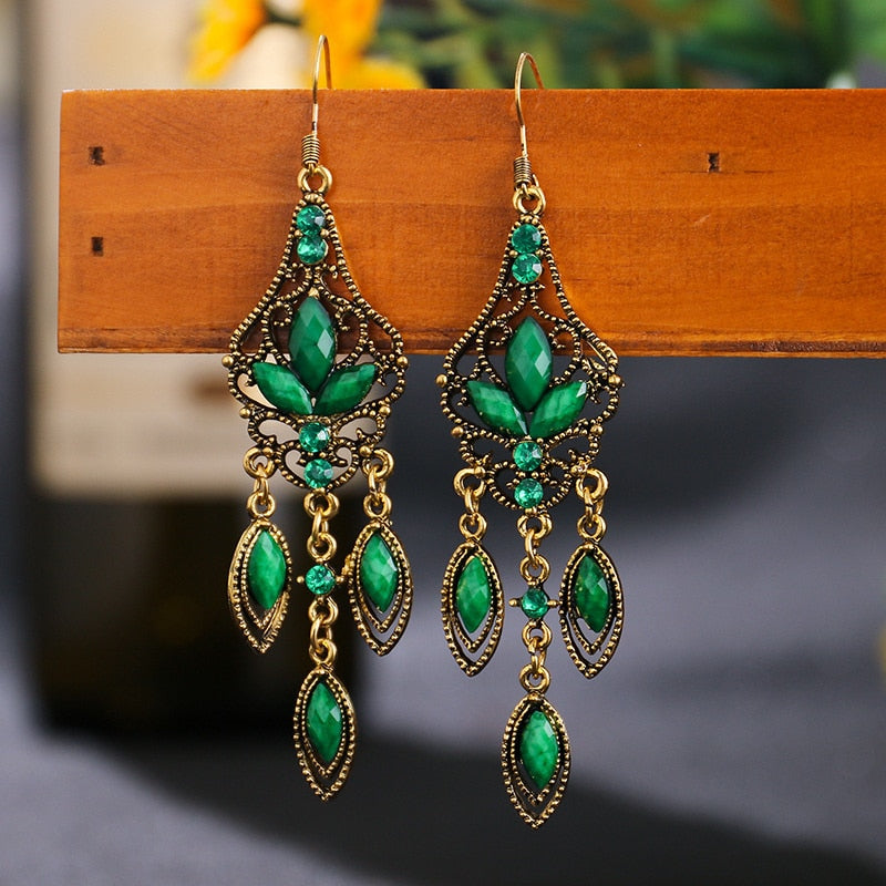 Ethnic Rhinestones Vintage Long Earrings