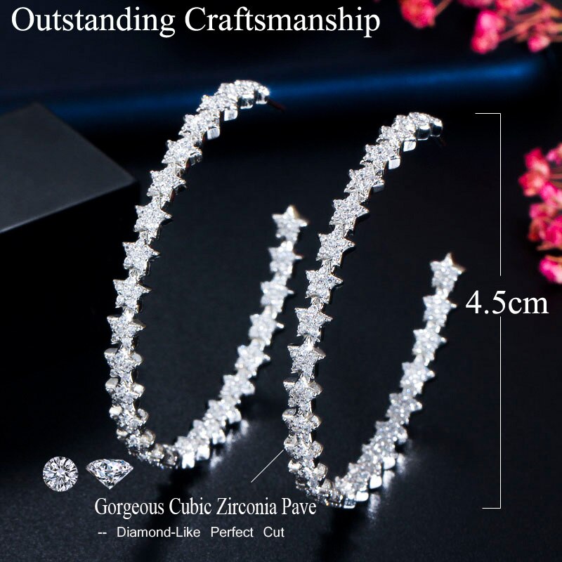 Trendy Cubic Zirconia Star Shape Long Big Hoop Earrings