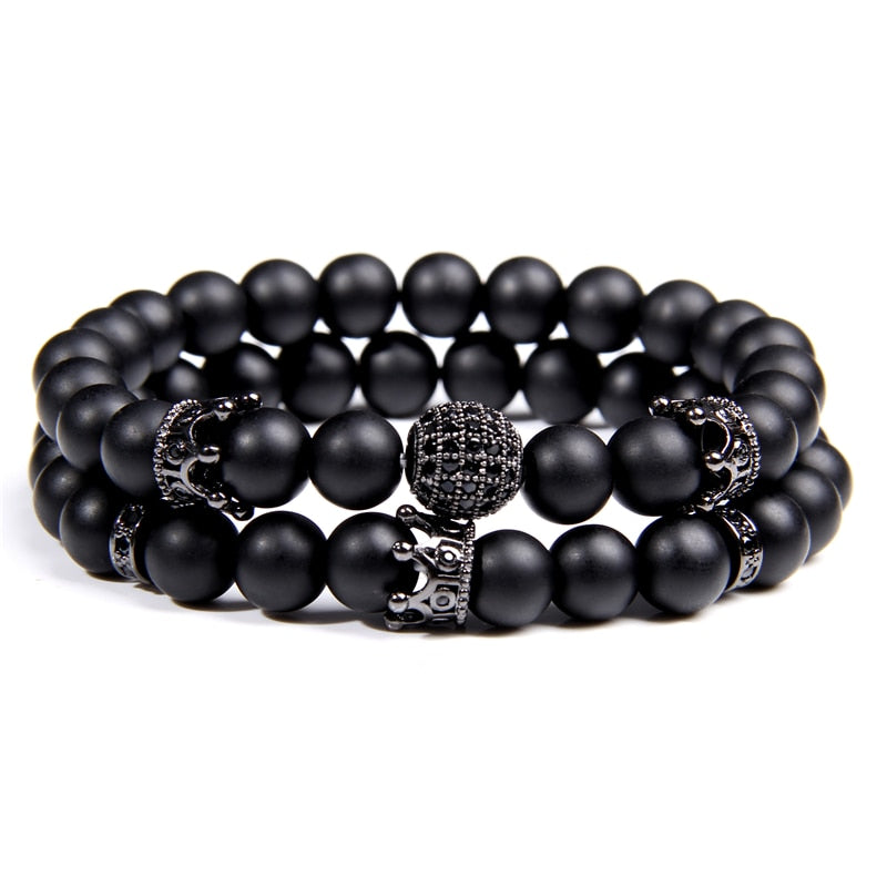 Luxury 2pcs Beaded Bracelets Men Black Onyx Natural Stone