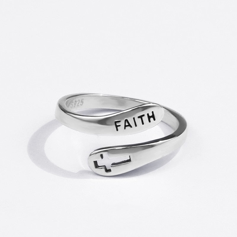 925 Sterling Silver Cross Faith Letters Adjustable Ring