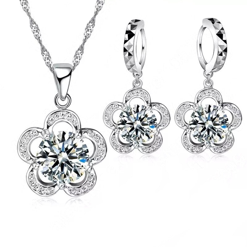 Vintage Flower Cubic Zirconia Sterling Silver Necklace & Earrings Set