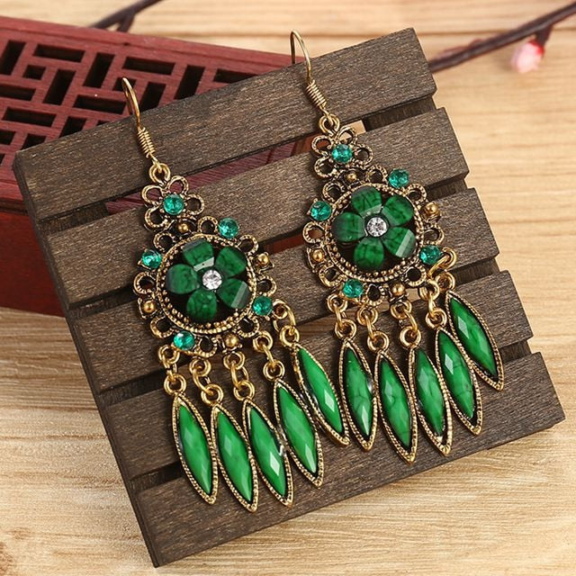 Ethnic Rhinestones Vintage Long Earrings