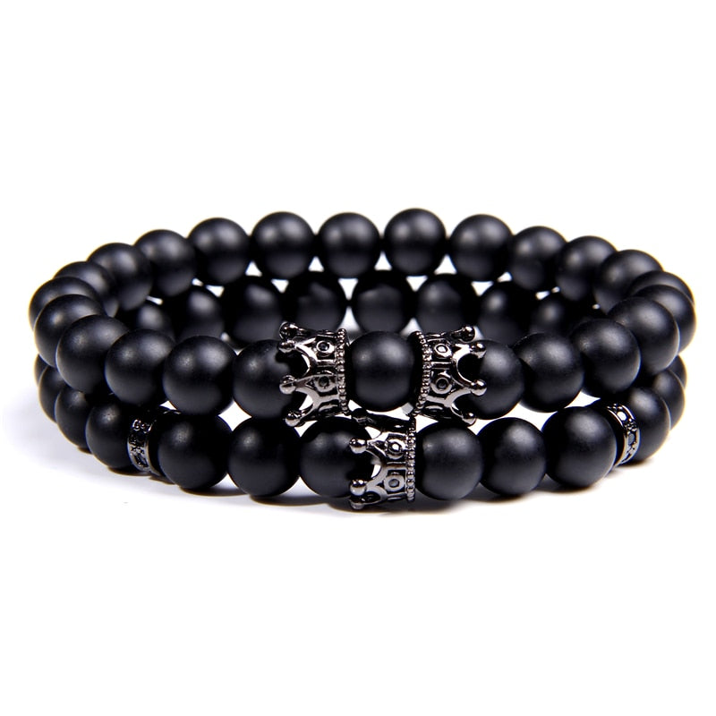 Luxury 2pcs Beaded Bracelets Men Black Onyx Natural Stone