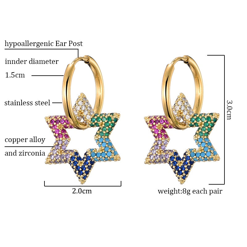 Trendy Star Charm Round Steel & Cubic Zircon Bling Hoop Earrings