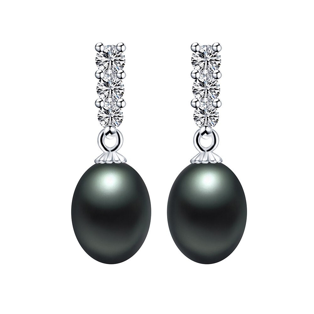 Natural Freshwater Pearl Drop Earrings with Shiny Zircon stones and 925 Sterling Silver