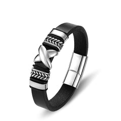 Stainless Steel Fashion Charm Black Leather Bracelet