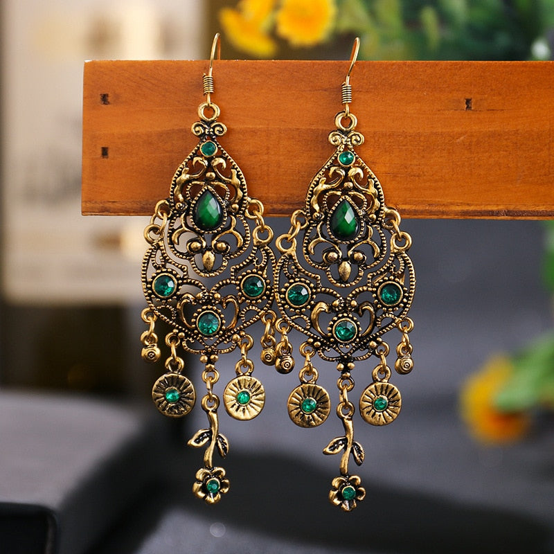 Ethnic Rhinestones Vintage Long Earrings