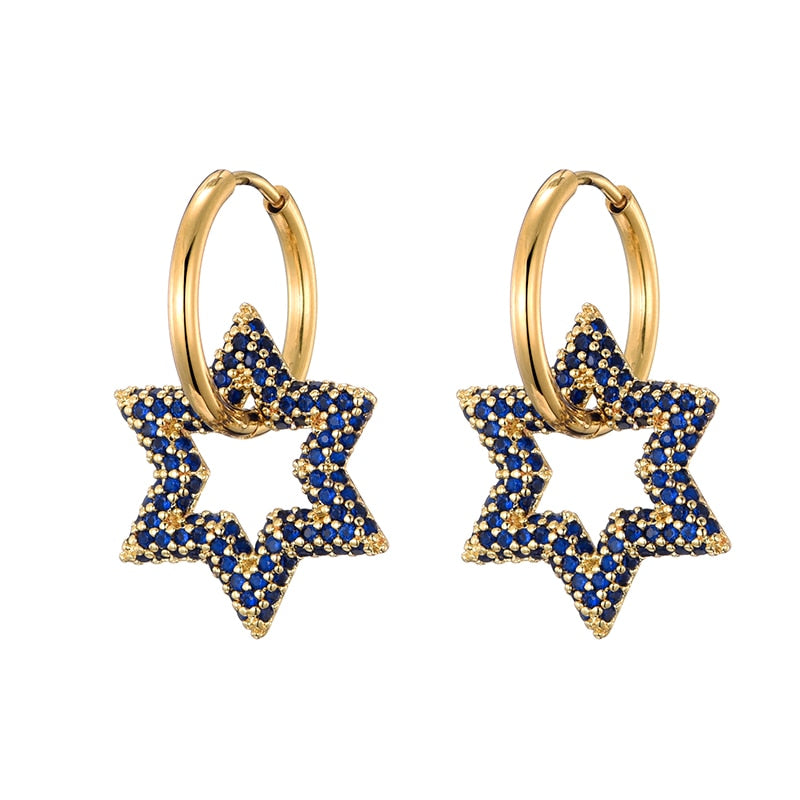 Trendy Star Charm Round Steel & Cubic Zircon Bling Hoop Earrings