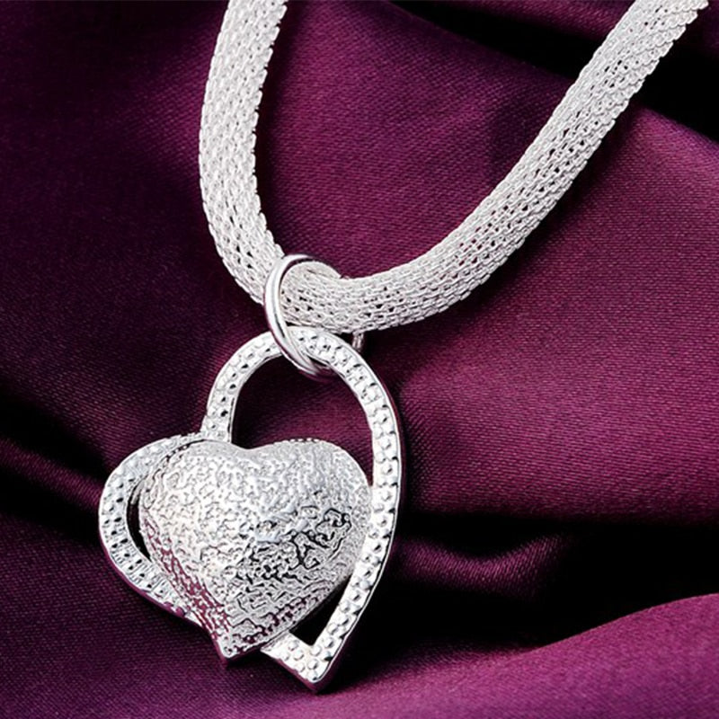 18 Inch Double Heart Pendant 925 Sterling Silver Necklace