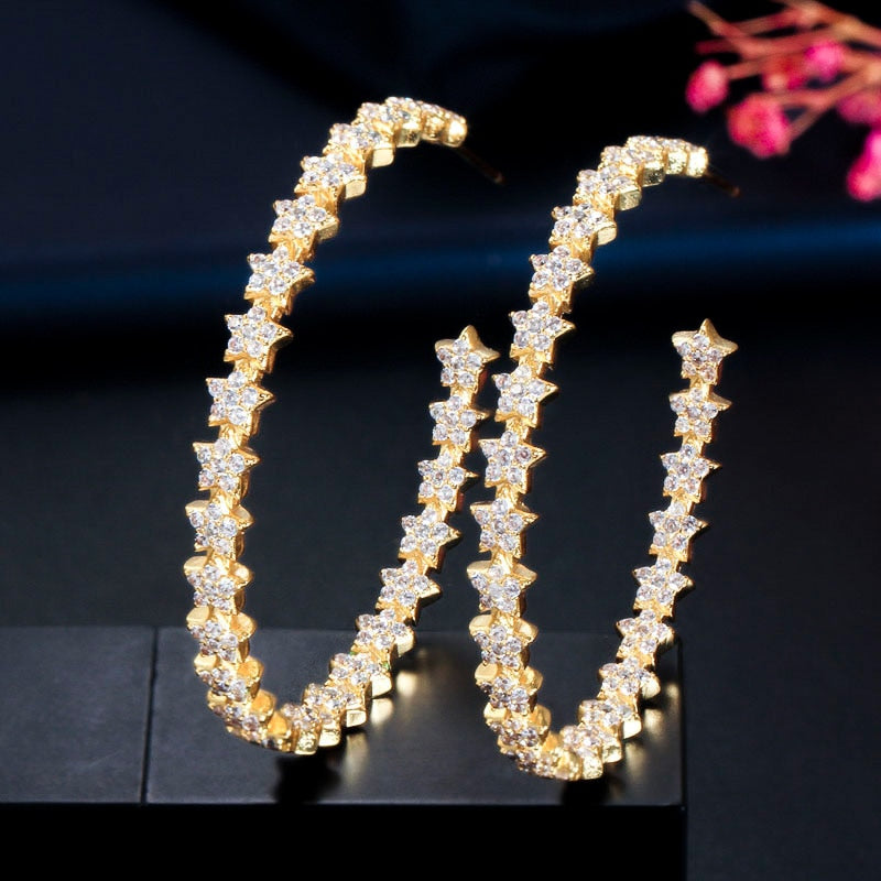 Trendy Cubic Zirconia Star Shape Long Big Hoop Earrings