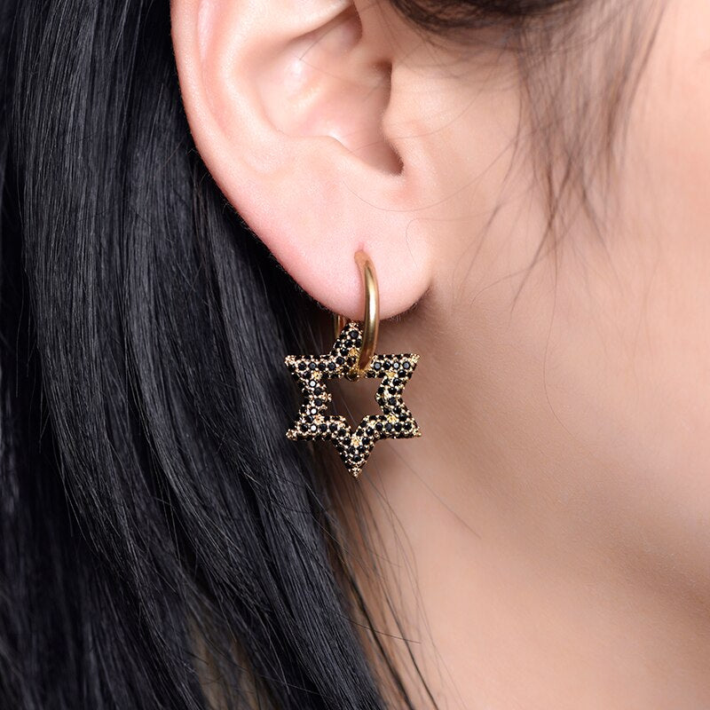 Trendy Star Charm Round Steel & Cubic Zircon Bling Hoop Earrings