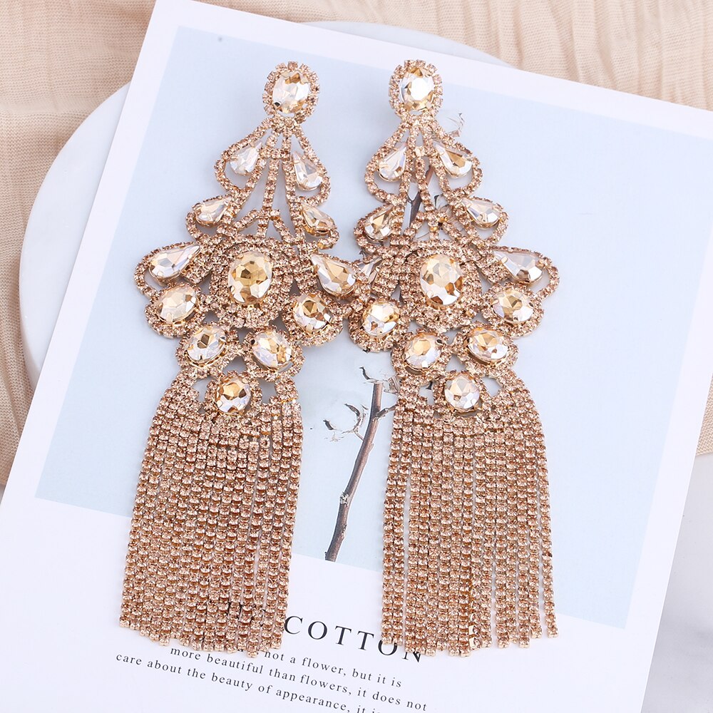 Long Statement Tassel Rhinestone Drop Earrings