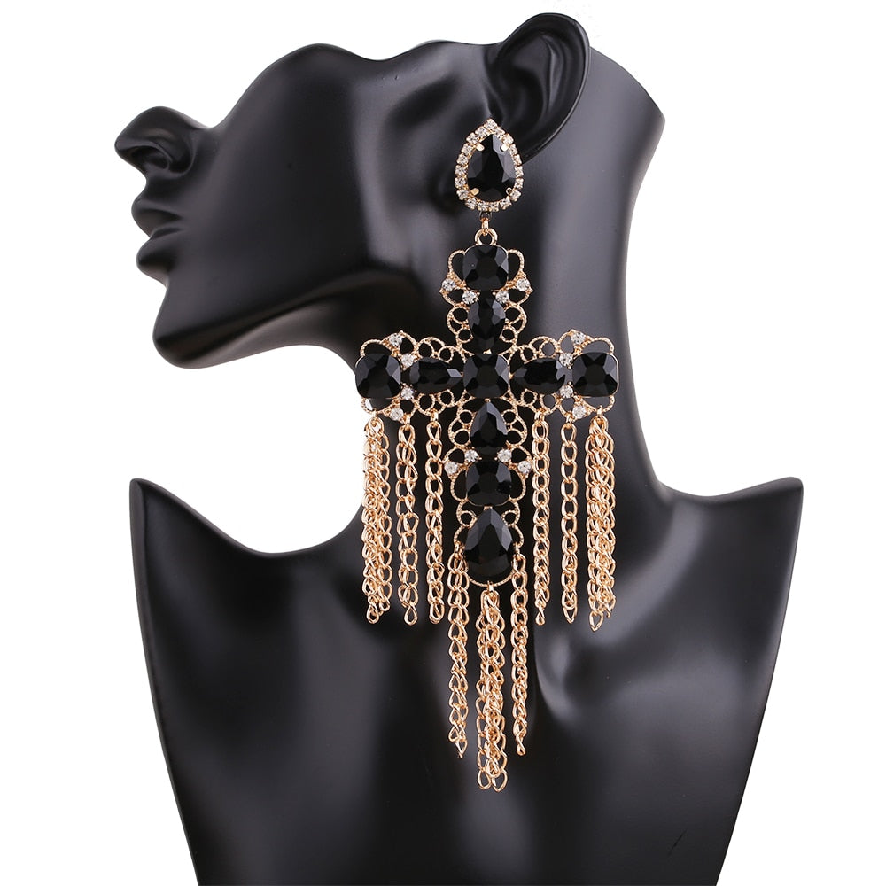 Long Statement Tassel Rhinestone Drop Earrings