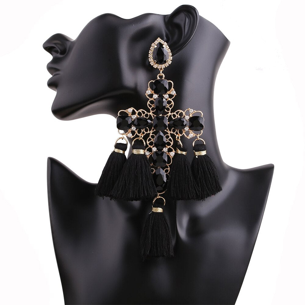 Long Statement Tassel Rhinestone Drop Earrings