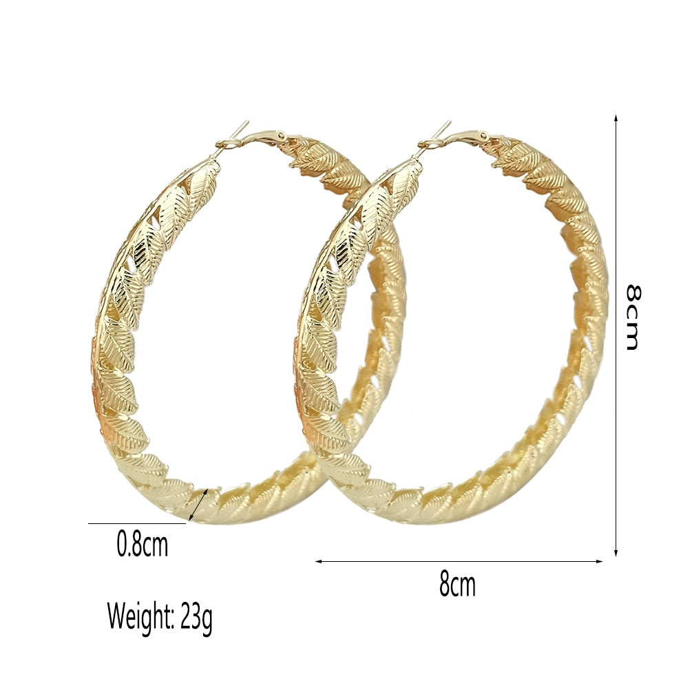 Chunky Metal Leaves Big Hoop Earrings Gold Colour