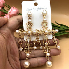 Big Cross Pearl Drop Long Earrings