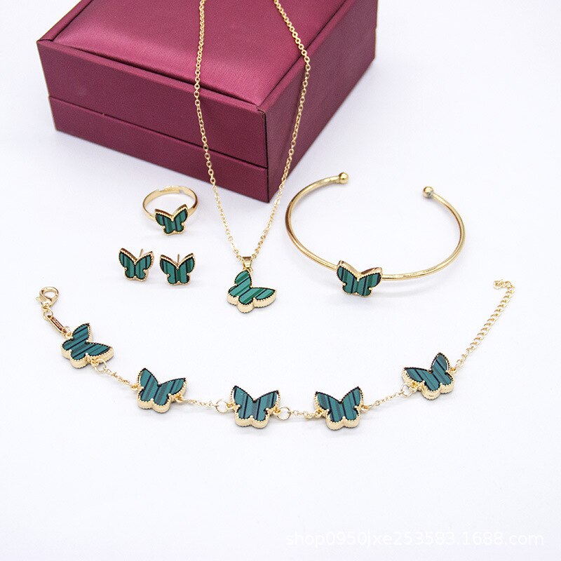 Elegant 5pcs/set Butterfly, Flower, Heart Shape Earrings Necklace Ring & Bracelet