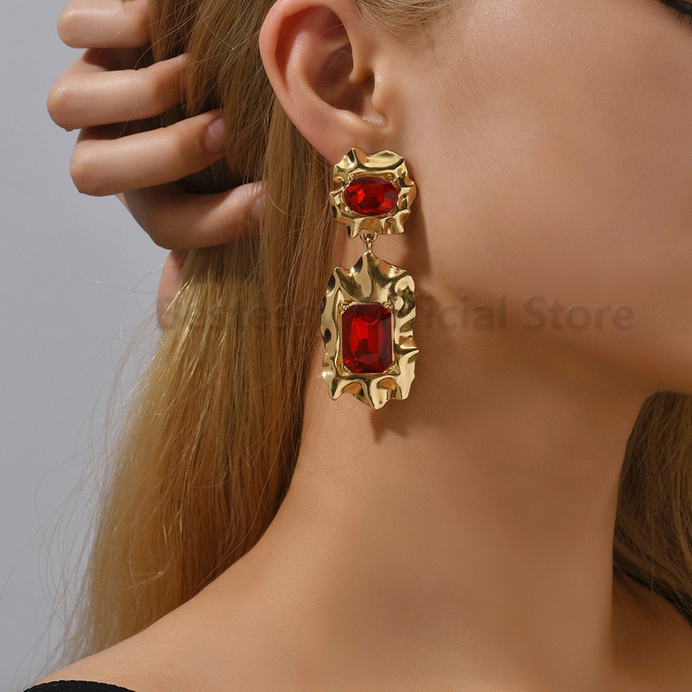 Big Rhinestones Earrings Statement Crystal Charms Tassel Large Dangle Earrings - Red