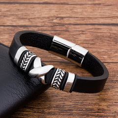 Stainless Steel Fashion Charm Black Leather Bracelet