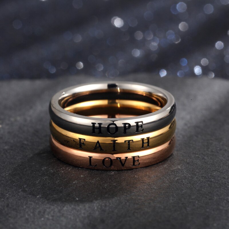 Stainless Steel Engraved Love Hope Faith Letter Rings