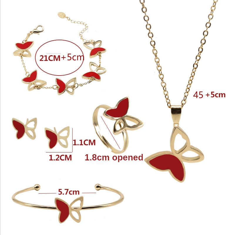 Elegant 5pcs/set Butterfly, Flower, Heart Shape Earrings Necklace Ring & Bracelet