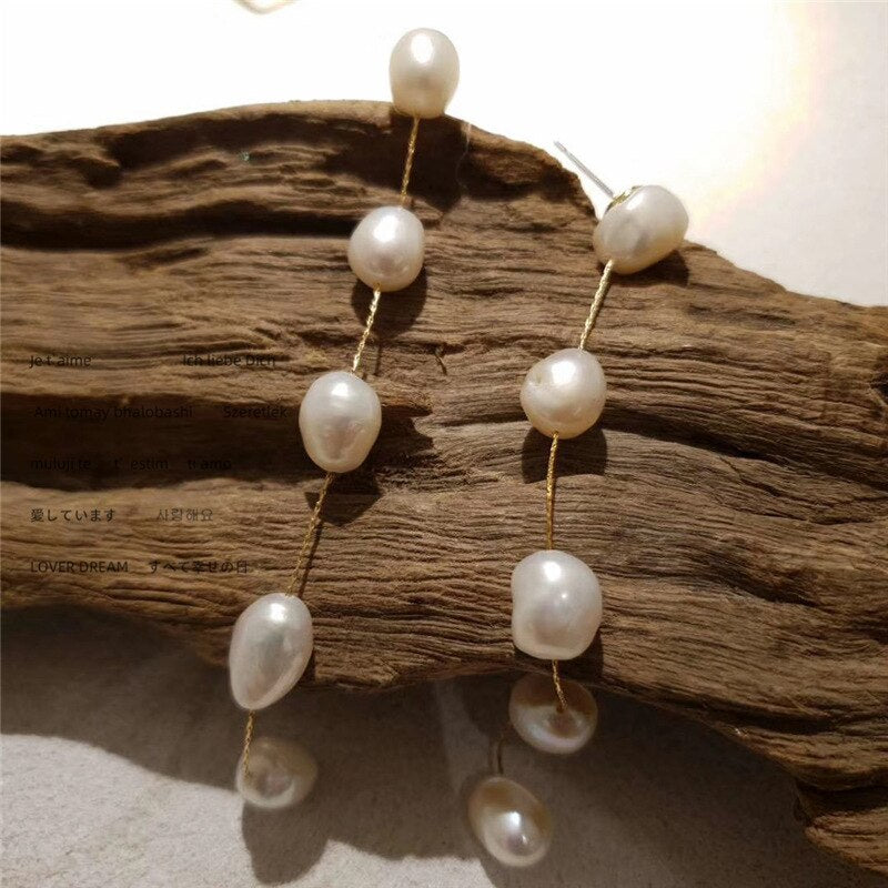 Long Thread Natural Freshwater Pearl Tassel Earrings