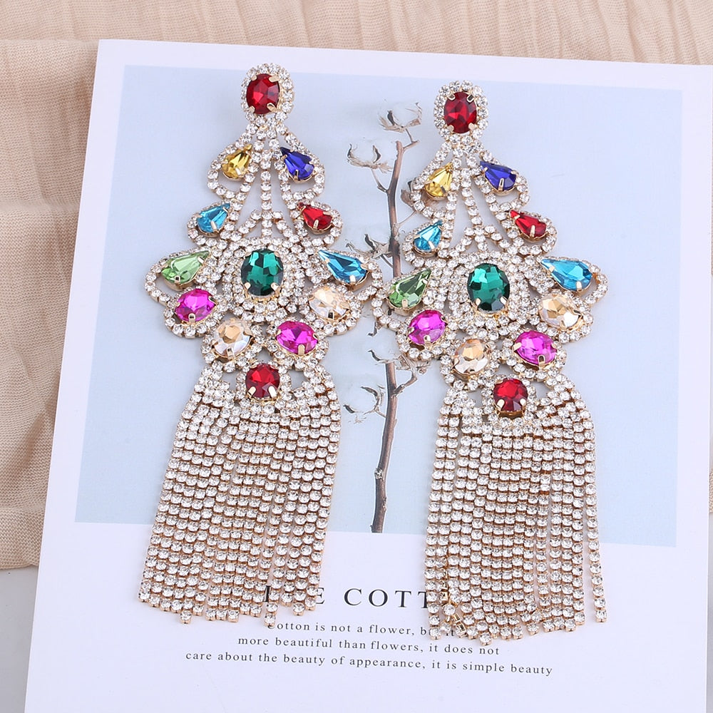 Long Statement Tassel Rhinestone Drop Earrings