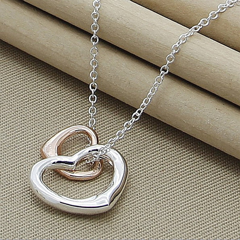 Sterling Silver 925 18 Inch Chain Rose Gold Double Heart Pendant Necklace