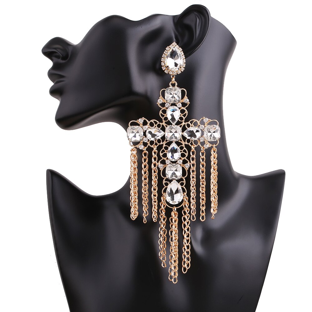 Long Statement Tassel Rhinestone Drop Earrings