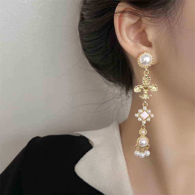 Big Cross Pearl Drop Long Earrings