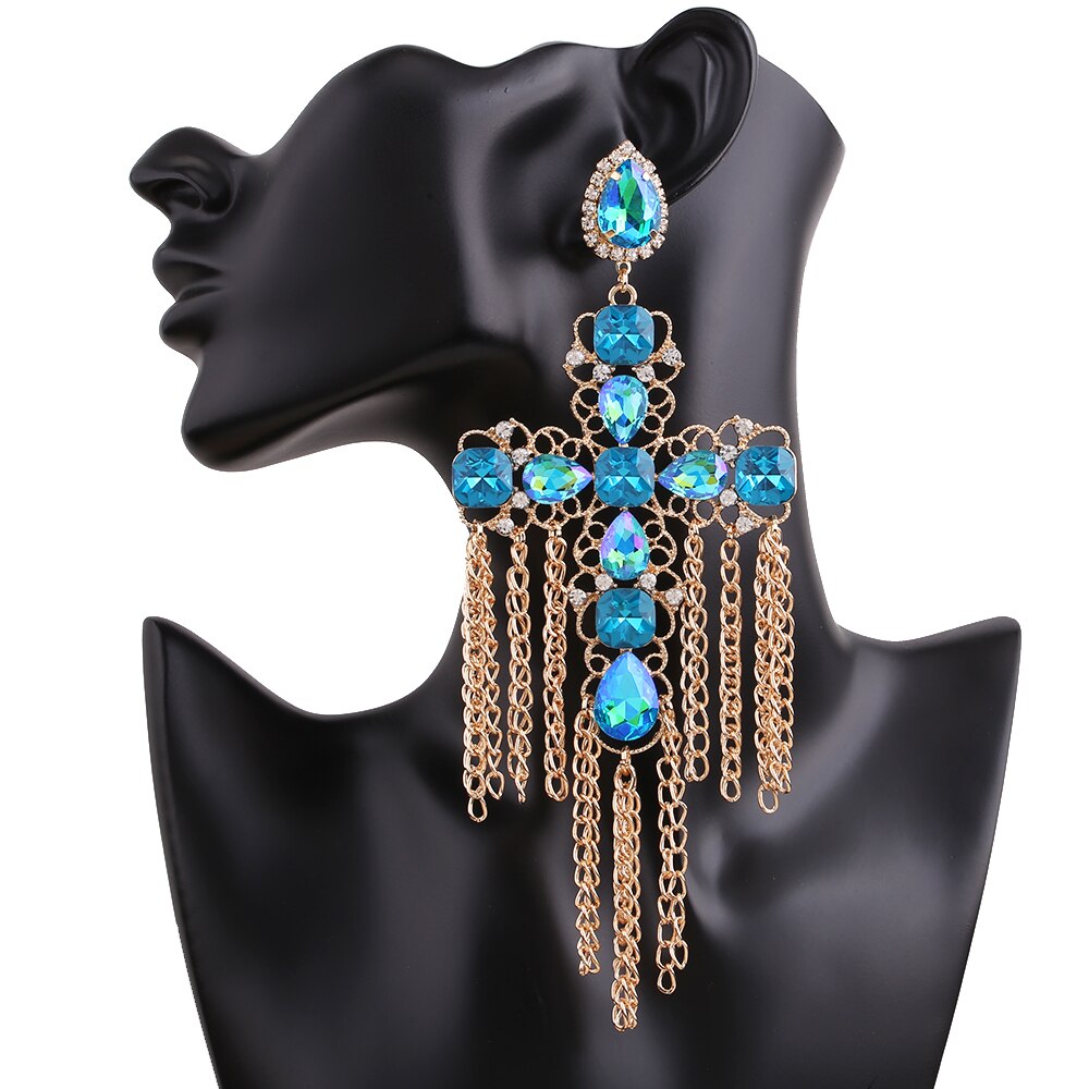 Long Statement Tassel Rhinestone Drop Earrings