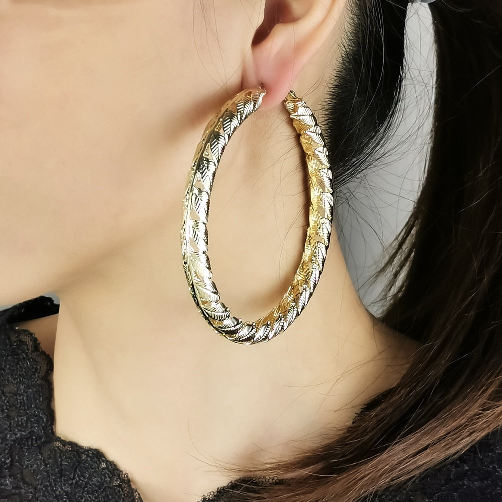 Chunky Metal Leaves Big Hoop Earrings Gold Colour