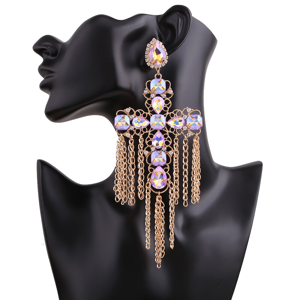 Long Statement Tassel Rhinestone Drop Earrings