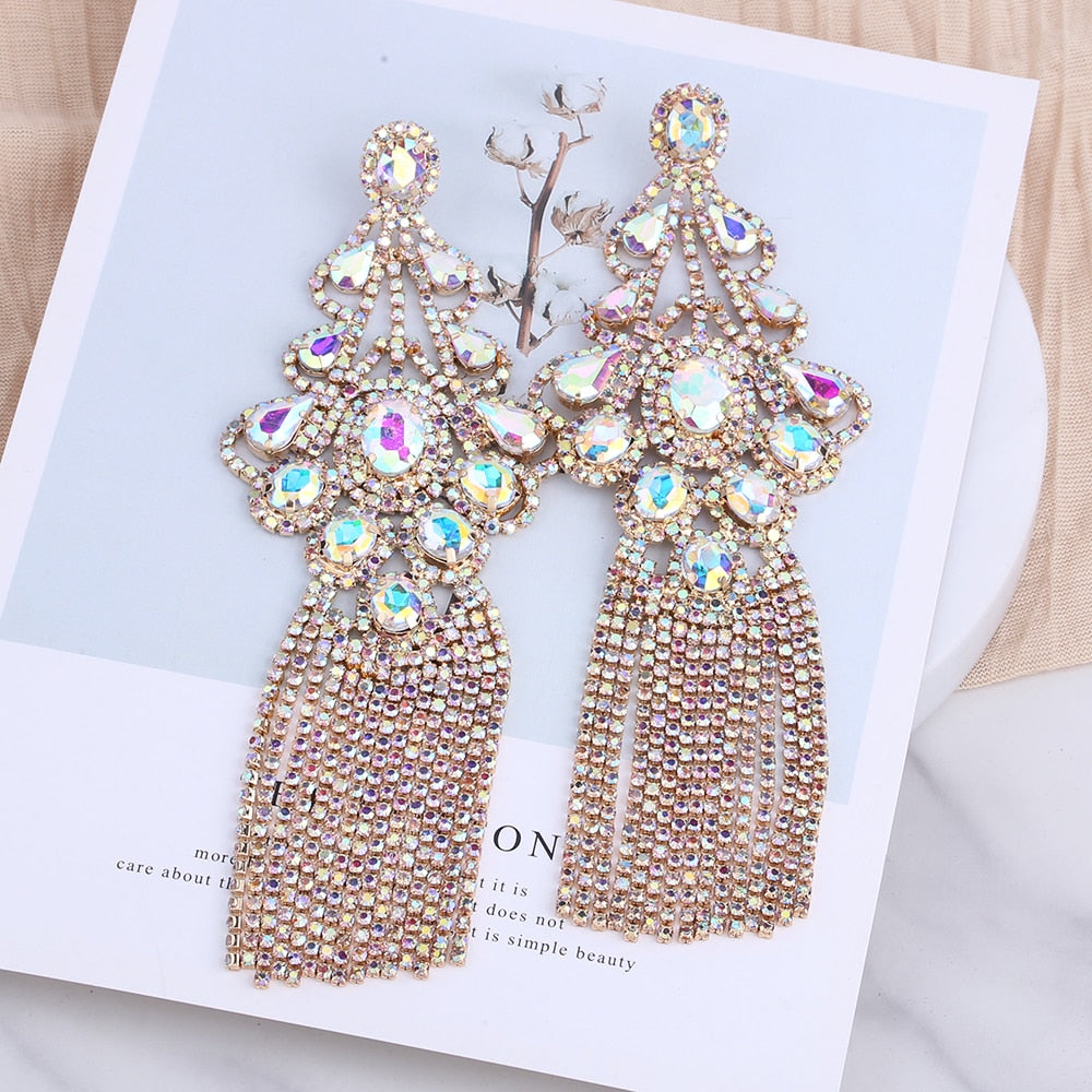 Long Statement Tassel Rhinestone Drop Earrings