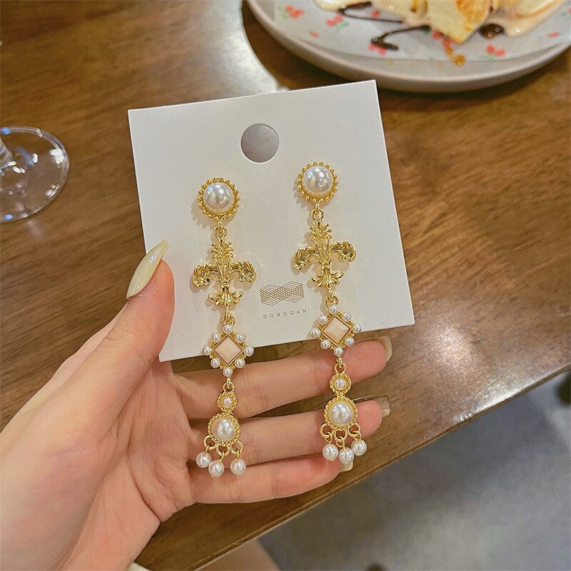 Big Cross Pearl Drop Long Earrings