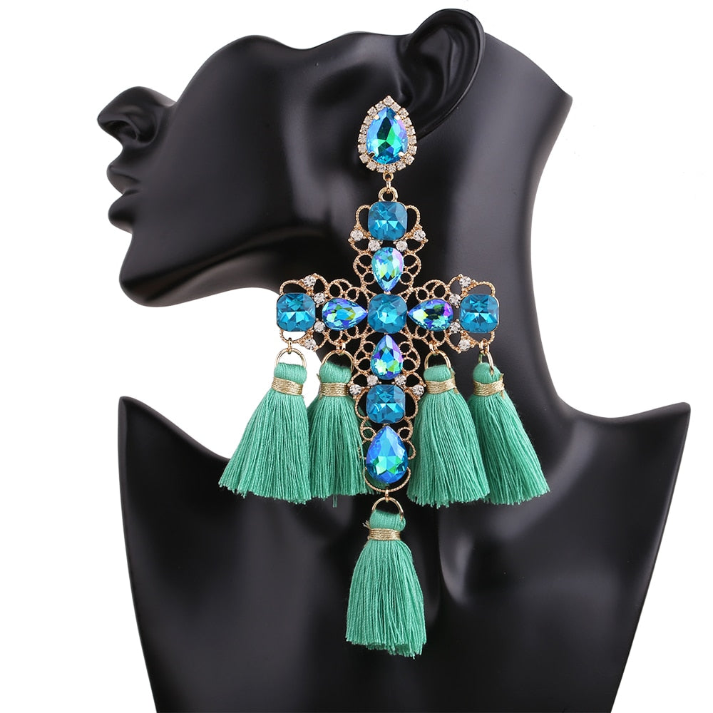 Long Statement Tassel Rhinestone Drop Earrings