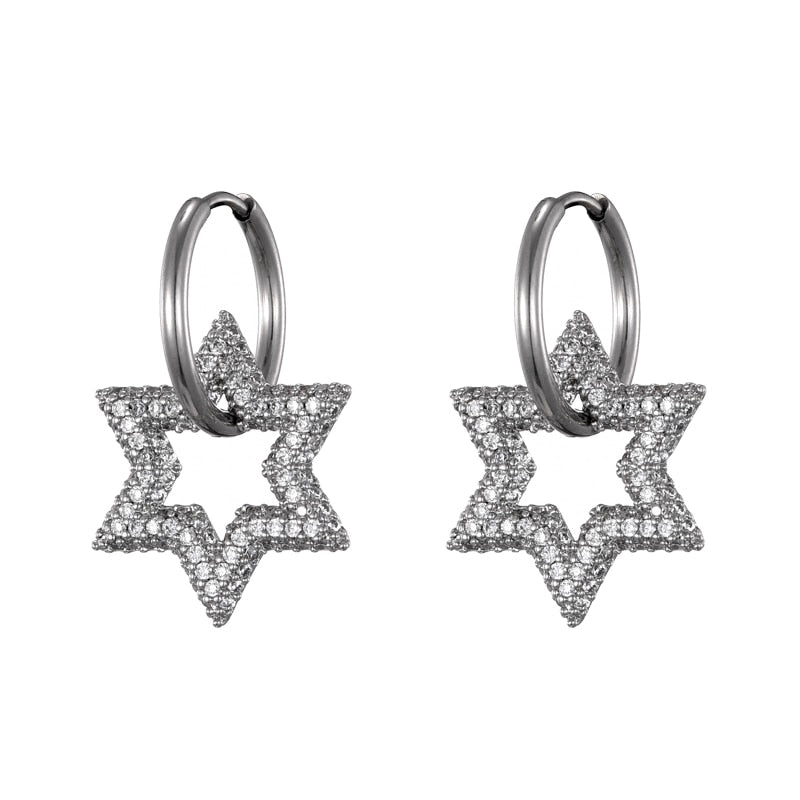 Trendy Star Charm Round Steel & Cubic Zircon Bling Hoop Earrings